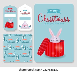 Family kit. Seamless pattern, tags and postcard. Year of the rabbit 2023