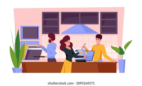 Family in kitchen background. Happy couples with kids standing and preparing delicious food garish vector cartoon concept picture