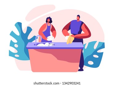 Family Kitchen Cleaning Time. Housework, Chores Domestic Working Dishes, Cleanliness and Routine. Person Smile, Happy for Dry Plate. House Interior Utensils. Flat Cartoon Vector Illustration