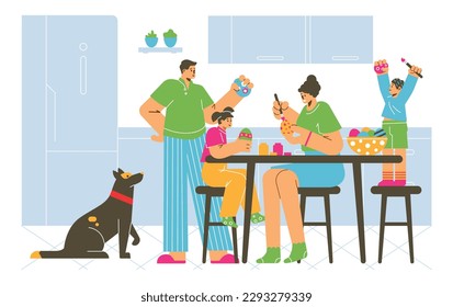 Family in kitchen coloring eggs together for Easter celebration, flat cartoon vector illustration isolated on white background. Easter holiday fun in family.