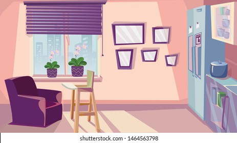 Family Kitchen Interior Design Vector illustration. Baby Highchair Toddler Feed. Children Safety, Safe Parenting. Room Furniture, Refrigerator, Fridge, Stove, Oven, Kitchenware, Window