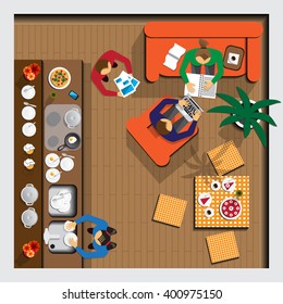 Family in the kitchen. Top view. Vector illustration. Applique with realistic shadows.