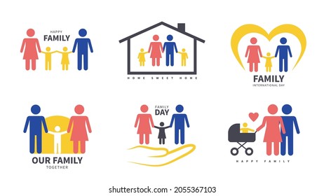 Family labels. Happy mother, father and children emblems, kids with parents signs, mom and dad carry toddler stroller, love lifestyle, social people relations vector isolated silhouettes set