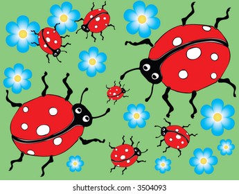 Family of ladybugs on a green lawn - vector illustration.