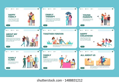 Family landing pages. Happy family, childhood, parenthood, grandparents vector banners collection
