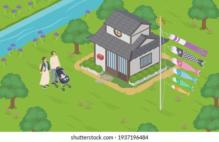 Family landscape looking at carp streamers with a smile Vector illustration (isometric, windsock)