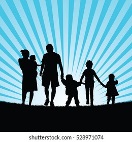 family large with children walking in  beauty nature silhouette color illustration