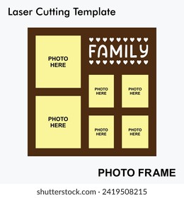 Family Laser cut photo frame with 6 photos. creative and beautiful frame suitable for Home and wall decor. Laser cut photo frame template design for mdf and acrylic cutting. svg