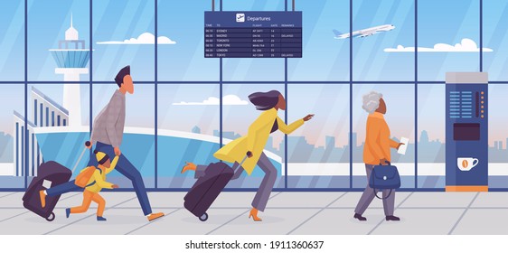 Family late for plane flight concept vector illustration. Cartoon passengers tourists in hurry, man woman with kid holding suitcases luggage, running through airport terminal building background