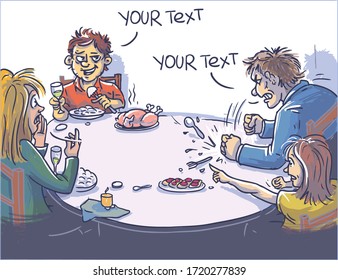 Family laughing and argue in kitchen