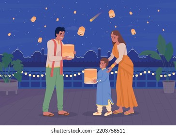 Family launching sky lanterns on Diwali flat color vector illustration. Indian festive symbol. Spiritual tradition. Fully editable 2D simple cartoon characters with light city on background