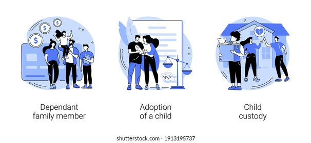 Family law abstract concept vector illustration set. Dependant family member, adoption of a child, custody and alimony, parents divorce, samesex couple, elderly support, caregiver abstract metaphor.