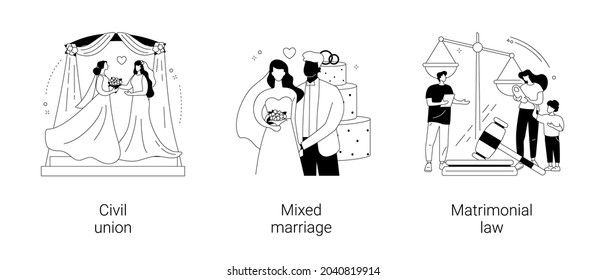 Conjunto de ilustraciones vectoriales de concepto abstracto de derecho de familia. Unión civil, matrimonio mixto, derecho matrimonial, asociación homosexual, familia multirracial, día de bodas, pareja mixta, metáfora abstracta de relaciones.