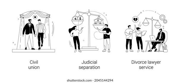 Family law abstract concept vector illustration set. Civil union, judicial separation, divorce lawyer service, parental rights, gay couple, wedding day, married couple contract abstract metaphor.