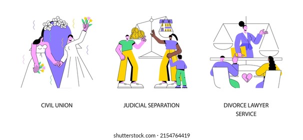 Family law abstract concept vector illustration set. Civil union, judicial separation, divorce lawyer service, parental rights, gay couple, wedding day, married couple contract abstract metaphor.