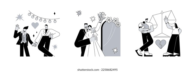 Family law abstract concept vector illustration set. Civil union, mixed marriage, matrimonial law, homosexual partnership, multiracial family, wedding day, mixed couple, relations abstract metaphor.