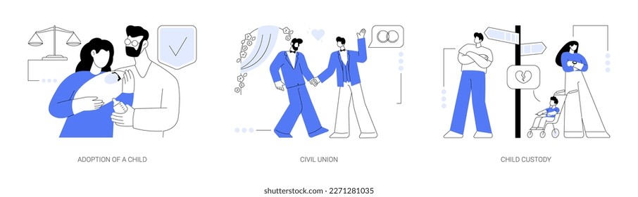 Family law abstract concept vector illustration set. Adoption of a child, civil union, child custody, single parent, happy family, wedding day, family conflict, parents divorce abstract metaphor.