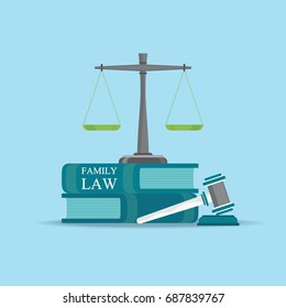 Family  Law Books With A Judges Gavel In Flat Style, Conceptual  Law And Justice Set Icon, Vector Illustration.