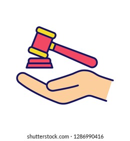 Family law color icon. Gavel, court hammer in hand. Justice, jurisdiction. Auction bid. Divorce mediation, legal separation. Isolated vector illustration