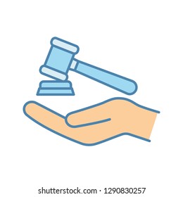 Family law color icon. Gavel, court hammer in hand. Justice, jurisdiction. Auction bid. Divorce mediation, legal separation. Isolated vector illustration