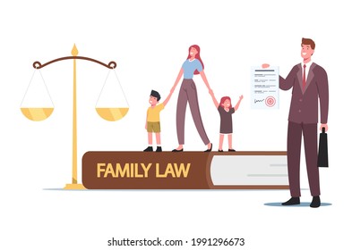 Derecho de familia, divorcio, custodia de menores o concepto de alimentos. Pequeño personaje de madre con hijos pequeños y abogado en enormes escalas en el juzgado durante la audiencia judicial. Ilustración de vectores de personas de caricatura