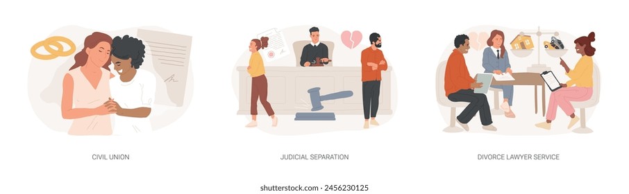 Family law isolated concept vector illustration set. Civil union, judicial separation, divorce lawyer service, parental rights, gay couple, wedding day, married couple contract vector concept.