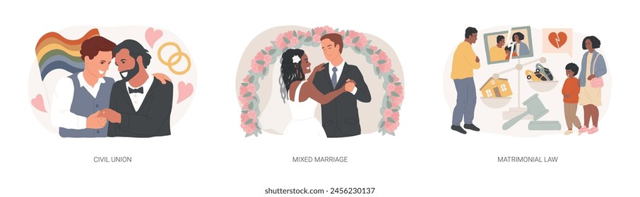 Conjunto de Ilustración vectorial de concepto aislado de derecho de familia. Unión civil, matrimonio mixto, derecho matrimonial, pareja homosexual, familia multirracial, día de casamiento, pareja mixta, concepto de Vector.