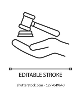 Family law linear icon. Thin line illustration. Gavel, court hammer in hand. Justice, jurisdiction. Divorce mediation, legal separation. Contour symbol. Vector isolated outline drawing. Editable strok