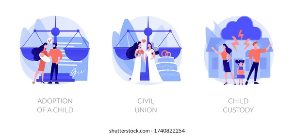 Family Law Metaphors. Adoption, Civil Union, Child Custody. Domestic Partnership, Kids Rights, Foster Parents. Homosexual Marriage. People Rights Abstract Concept Vector Illustration Set.