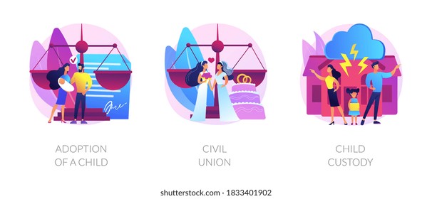 Family Law Metaphors. Adoption, Civil Union, Child Custody. Domestic Partnership, Kids Rights, Foster Parents. Homosexual Marriage. People Rights Abstract Concept Vector Illustration Set.