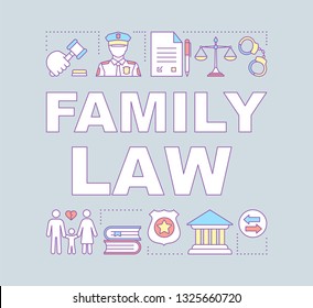 Family law word concepts banner. Separation agreement. Child custody. Adoption. Divorce. Court. Presentation, website. Isolated lettering typography idea with linear icons. Vector outline illustration