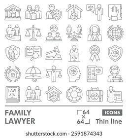 Family lawyer collection or sketches. law and justice theme icons in thin line style signs for web and app. Vector graphics isolated on white background