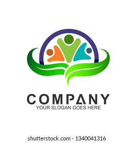 Family with leaf shape logo design. Community care. Adoption and charity logo icon. Healthy People symbol.