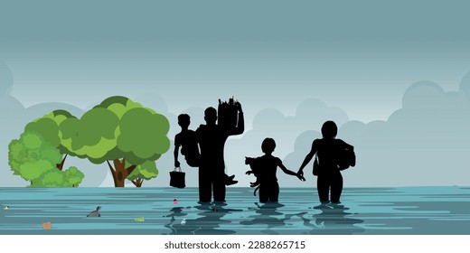 family left home by the heavy rain and flood