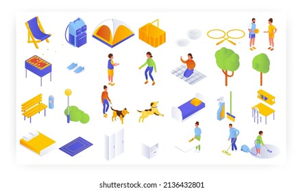 Family leisure activities isometric icon set. Father, mother, kid on picnic, walking with dog, cleaning house, vector.