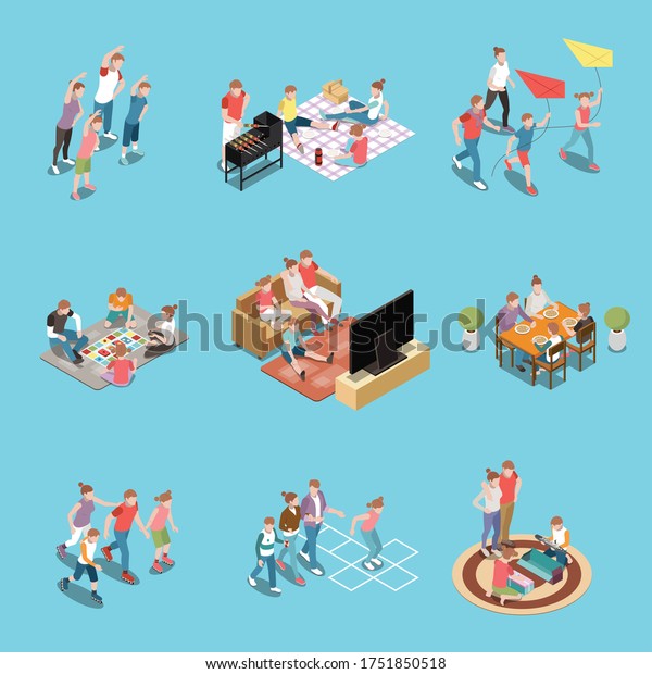 Family Leisure Activities Playing Isometric People Stock Vector ...