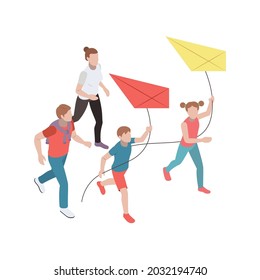 Family leisure activity isometric icon with woman and her children flying kites vector illustration