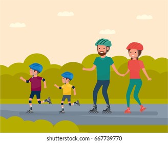 Family leisure. Family in the amusement Park Family - mother, father and two sons roller skating. Vector illustration in a flat cartoon style