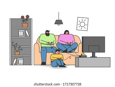 Family Leisure Concept. Happy Family Dad, Mom And Son Spending Time Together At Home Playing Video Games. Characters Play Game Console In Living Room. Cartoon Linear Outline Flat Vector Illustration