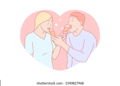 Family leisure, eating dessert together, positive emotion concept. Happiness, gastronomy, enamored couple with ice cream cones, people with gelato, man and woman feeding each other. Simple flat vector