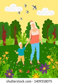 Family leisure in green park, mother holding son going near flowers and trees, portrait view of mom and child outdoor, cloudy sky with birds vector