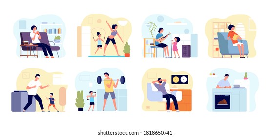 Family leisure home. People cooking, painting play with children. Father boy relax, parents child together game hobby at house vector set