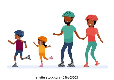 Family leisure. Family - mom, dad, son and daughter, roller skating. African American people. Vector illustration in a flat cartoon style