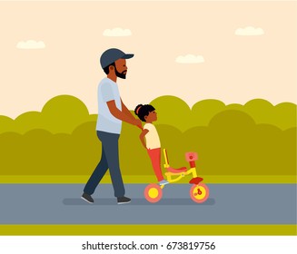 Family leisure. Summer time. African American people. Father walking with daughter in Park, daughter on the bike. Vector illustration in a flat cartoon style