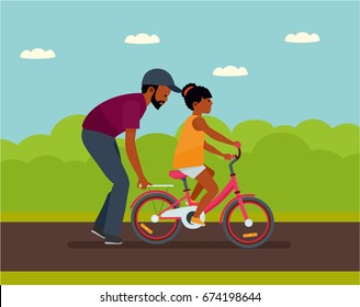 Family leisure. Summer time. African American people. Father walking with daughter in Park, father helping daughter to ride a bike. Vector illustration in a flat cartoon style