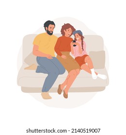 Family leisure time isolated cartoon vector illustration. Happy family sitting on a sofa, teen showing smartphone screen, parents laughing, spending leisure time together vector cartoon.