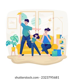 Family leisure time playing paper airplane with child illustration design