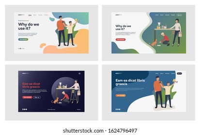 Family leisure time set. Parents and children winning football match, feeding pet. Flat vector illustrations. Support, relationship, bonding concept for banner, website design or landing web page