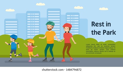 Family leisure. Walk in amusement park, roller skating. Vector illustration in a cartoon style
