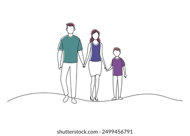 family leisurely walking in the park Hand drawn offset fill with doodle illustration